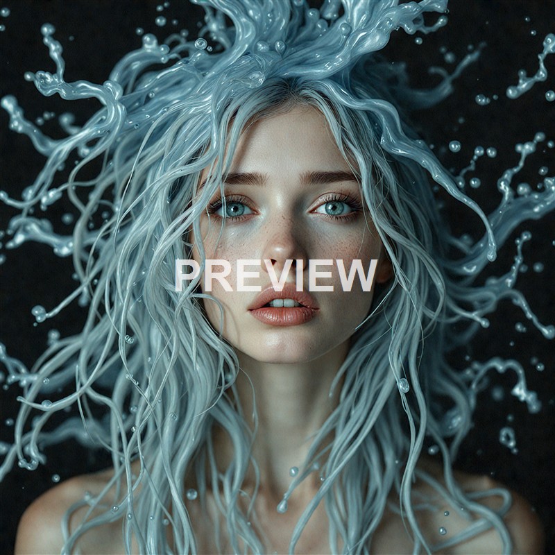 A woman with long, wet, silver-blue hair surrounded by splashes of water against a dark background, with her face prominently centered and detailed features.